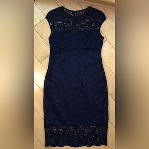 Lauren Ralph Lauren Sz 8 Blue Lace overlay Cap sleeve Sheath dress key hole back